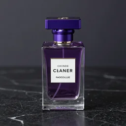 close up shot of premium purple coloured perfume on a black marble table, ultra detail, cinematic lighting, symmetrical, rendered, 4k