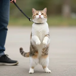 a cat standing up on back legs, with a human on a leash as a pet