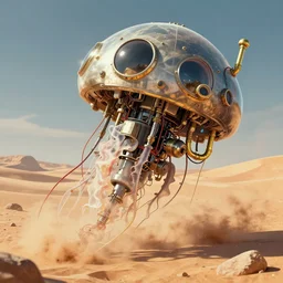 mechanical jellyfish robot machine in the desert, dome portholes, brass pipes, wires, detailed illustration, concept art, dynamic colour palette, highly detailed, high contrast, strong lighting