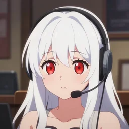 anime visual of a cute girl, with red eyes!!!! and long white hair!!!! wearing a headset in her room interior, anime cute face by ilya kuvshinov, yoh yoshinari, makoto shinkai, katsuhiro otomo, headshot, cinematic still, ambient lighting, cel shaded