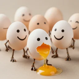 eggs with happy faces on them. they have arms and legs made of twigs. yolk is pouring out of their snout. they have a broken nose. but its ok