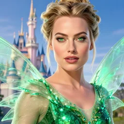 a close - up of margot robbie as a fairy wearing a magical emerald leotard with the disney castle in the background, hyper realistic face, green eyes, fantasy art, in the style of greg rutkowski, illustration, epic, fantasy, intricate, hyper detailed, artstation, concept art, smooth, sharp focus, vibrant