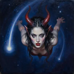 portrait of a demon female fell from a starry sky like a meteor. by daniel f. gerhartz, hyperrealistic oil painting, 4 k, studio lightning, very detailed faces