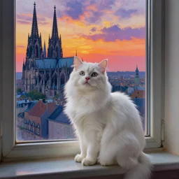 dreamy fuzzy white cat sitting in a window, city with gothic cathedral. sun setting through the clouds, vivid colors. jan van eyck, agnes pelton, egon schiele, henri de toulouse - lautrec, utamaro, monet