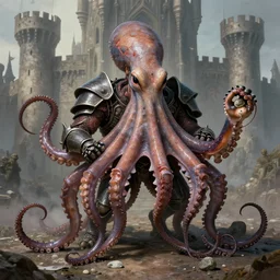 A spiked detailed semihuman-octopus with armored joints stands in a large castle with a pebble in hands and toes. Wearing massive shoulderplates. Extremely high details, realistic, fantasy art, solo, masterpiece, ripped flesh, art by Zdzisław Beksiński, Arthur Rackham, Dariusz Zawadzki, Harry Clarke