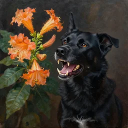 oil painting of a vicious black dog bearing its fangs next to brugmansia suaveolens flowers, dark background