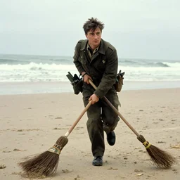 film still from Saving Private Ryan of Daniel Radcliffe storming Normandy beach, while riding a magic broom
