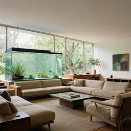 a huge fish tank room, frank lloyd wright, living room, craig mullins