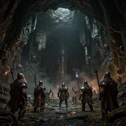 danger, darkness, dwarves, cave, dystopian, high tech industrial, artstation unreal, 4 k, 8 k, hd