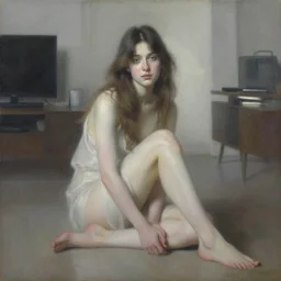 a portrait of beautiful woman sitting in the floor, inside a modern apartment, intricate oil painting, hyperdetailed, misty, ethereal, dramatic lighting, by jeremy mann and ruan jia and lawrence alma - tadema