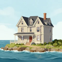 illustration of a victorian house in the ocean, drawn by magali villeneuve