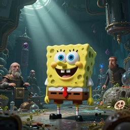 sponge bob, eun emerging from renaissance italy into a cyberpunk mutiversal realm by conrad roset, nicola samuri, dino valls, m. w. kaluta, jakub rebelka, rule of thirds, seductive look, beautiful