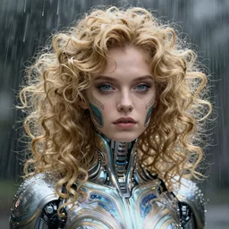 a portrait of anime cyber woman, curly blonde hair, raining, water refractions, diffuse lighting, fantasy, intricate, elegant, highly detailed, lifelike, photorealistic, digital painting, artstation, illustration, concept art, smooth, sharp focus, art by john collier and albert aublet and krenz cushart and artem demura and alphonse mucha