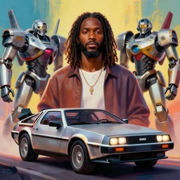 stylish 3 d vfx - portrait - movie poster - art of an african jesus in a delorean - surrounded by mecha robots, art style by james jean & hsiao - ron cheng, unreal engine render, digital illustration, sharp, intricate detail, volumetric lighting, ray tracing, soft lighting, colourful, drew struzan style, ernie barnes style, acrylic on canvas,