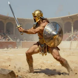 incredible speed painting of a battle stance sword wielding gladiator wearing a gold helmet and reflective silver circle shield, in a bight sandy arena, by craig mullins, Jean-Leon Gerome, 8k, hd, high resolution print