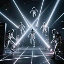 futuristic spacemen firing lasers in zero gravity, skintight suits, floating, bright white light, hiding behind obstacles, surrounded by a laser grid, unreal engine, lensflares, low perspective