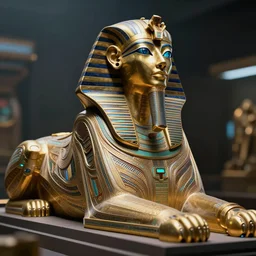a photo of a beautiful intricate epic futuristic hyper detailed cyber sphynx of egypt, cinematic lighting, taken with tilt shot