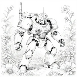 a battle mech war in a mystical field of flowers, detailed line drawing, intricate, hd, digital art, complementing colors, detailed, illustration painting by alex gray, digital art, moebius