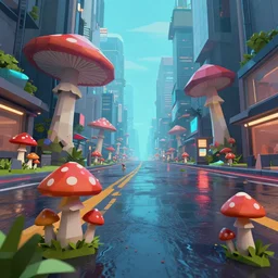 low poly cyberpunk city, wet roads, low camera angle, mushroom growing on the streets, mushrooms everywhere, so many mushrooms, colorful mushrooms, beautiful mushrooms