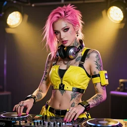 cyberpunk photorealistic character, tech wear outfit, wearables, dj, deejay, intoxicating beauty, pink and yellow, edgy, tattooed, piercing, awe inspiring, artstation hd, 8 k, detailed, intricate, ornate, studio lights, golden ratio, masterpiece