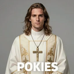 action movie hero wearing dressed in priest's robes with a cross necklace. movie poster. 4k. Long flowing hair. pokies.