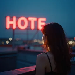 A photography of a woman from the back in a rooftop. In the background there is a red neon sign that says HOTEL. Neo noir style. High quality. Cinematic. Extreme Swirly bokeh. Cinestill 800T film. Depth of field. Lens flare. Detailed.
