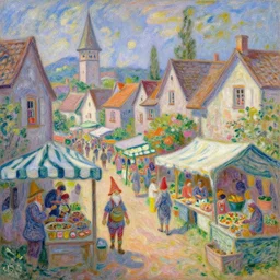 A gnomish town with a farmer's market, matte painting, in the style of Monet, Matisse, trending on artstation
