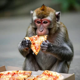 a monkey eating a pizza