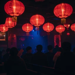 night club, red chinese lanterns, people's silhouettes