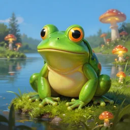 photo of a very tough baloon frog, guardian of the holy lake, moss, grassy, beautiful environment, glowing mushrooms, clear blue sky, digital painting, highly detailed, masterpiece, art by andreas achenbach, august macke, alice bailly