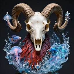 witch phoenix macro close - up portrait with crown made of ram skull. phoenix, betta fish, jellyfish, plasma, ice, water, wind, creature, super intricate ornaments artwork by tooth wu and wlop and beeple and greg rutkowski