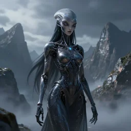 dark ethereal cybernetic alien princess in the mountains, extremely detailed, sharp focus, wide view, smooth, digital illustration, by james jean, by rossdraws, frank franzzeta, sakimichan