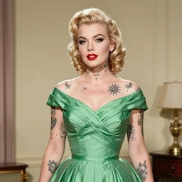 a pretty blonde woman in a green prom dress, tattoos all over her face, 1958, full-color, award-winning photograph