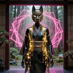 beautiful mannequin sculpted out of black glass by billelis + lit with geometric neon dripping gold + forest in background!!!, wearing a beautiful intricately detailed japanese crow kitsune mask and kimono, doorway opening with neon pink geometric fractal light + flowering bonsai trees, transcendent, clean linework, dramatic, finely detailed, 4 k, trending on artstation, award winning, photorealistic, volumetric lighting, octane render