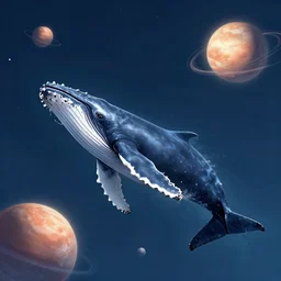 humpback whale traveling between planets, digital art