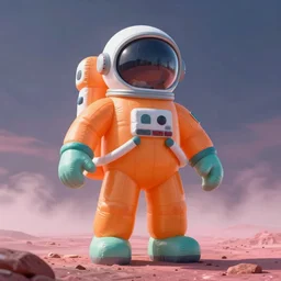 a giant inflatable astronaut action figure with an orange and teal suit, stood in a pink misty barren landscape