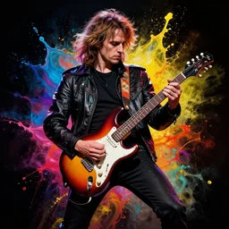 eddie munson playing electric guitar splash art graphic design color splash high contrasting art, fantasy, highly detailed, art by greg rutkowski