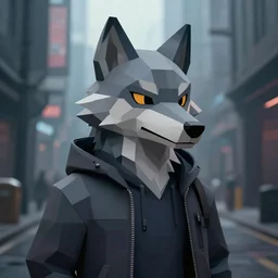 Playstation 1 PS1 low poly graphics portrait of furry anthro anthropomorphic wolf head animal person fursona wearing clothes in a futuristic cyberpunk foggy city alleway .Greg Rutkowski, Simon Stalenhag, christopher nolan trending on Artstation, CGSociety