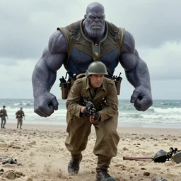 film still from Saving Private Ryan of Thanos storming Normandy beach as a ww2 soldier