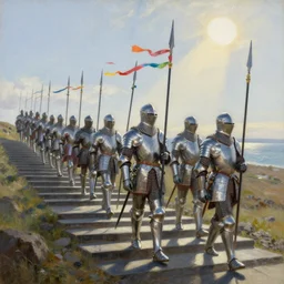 a procession of knights walking in single line on a winding stone steps, by piet oudolf. the knights have shiny armor and carry tall spears with multicolored ribbons fluttering in the wind. low angle sun, god rays. ultra clear detailed. iceland coast. oil painting by jeremy mann, edwin church and frank dicksee.