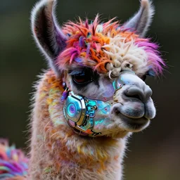llama with dreadlocks, vibrant colors, cybernetic glowing, by Paul Lehr, details, iridescent colors, macro