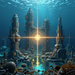 Abstract tech underwater deep sea diving environment ruined city, focus,  accurate symmetric features proportions, golden ratio, reflections, rainbow lighting, volumetric water, ultra intricate details, award winning, octane render
