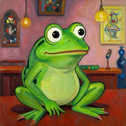 pepe the frog with salvadore dali mustache, bohemian pub, expressive oil painting by munch and pissaro