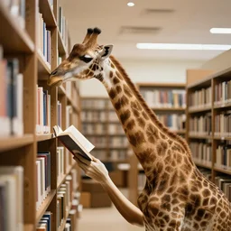 giraffe reading book in library side shot, by shunji dodo, 8 k resolution, high quality