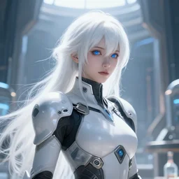 perfect white haired girl, warframe armor, beautiful, dreamy, pretty face, blue eyes, portrait, detailed, scifi, utopian architecture in the background, laboratory, 4 k, ultra realistic, aura of light, cinematic, high detail, masterpiece, art by akihito tsukushi, akasuki brightmind