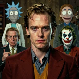 Guy who's a combination of Travis Bickle, Tyler Durden, Rick from Rick and Morty, The Wolf of Wall Street, Scarface, Don Draper, Walter White, the guy from A Clockwork Orange, The Joker and Patrick Bateman, 70mm film screenshot, trending on IMDb