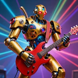portrait photo of a giant huge golden and blue metal humanoid steampunk robot guitar player with multicolored big gears and tubes, a red electric guitar, eyes are glowing red lightbulbs, shiny crisp finish, 3 d render, 8 k, insaneley detailed, fluorescent colors, background is multicolored lasershow