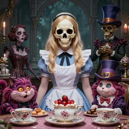 Alice attends Mad Tea Party, Cheshire Cat, Mad hatter,highly detailed,half skull face,cinematic,8k,by Stanley Artgermm,Tom Bagshaw,Greg Rutkowski,Carne Griffiths, Ayami Kojima, Beksinski, Giger,trending on DeviantArt,hyper detailed,horror, full of colour