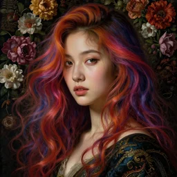 a closeup portrait of one seductive, beautiful kpop goddess with swirling vivid coloured hair and a wall of flowers in the background, intricate, detailed, painted by botticelli, rachel ruysch, vermeer and ambrosius bosschaert, hyperrealism, dark, dramatic lighting, analogous complementary colour scheme, trending in artstation, octane, rendered