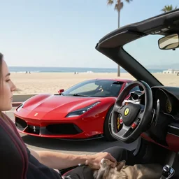 a cat driving a ferrari in Santa Monica beach